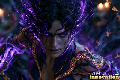 Leaning forward in a dark room, a woman with purple light in her hair
