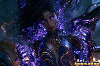 A woman summons purple energy around her hands and dark hair