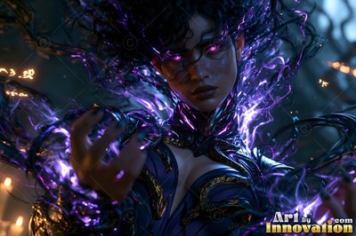 In a dark room, a woman with bright purple eyes summons purple lightning