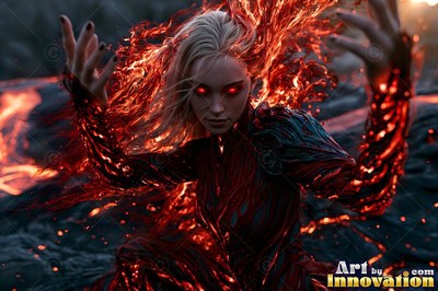 Raising her hands on dark volcanic rock, a blonde woman summons red fire around her arms