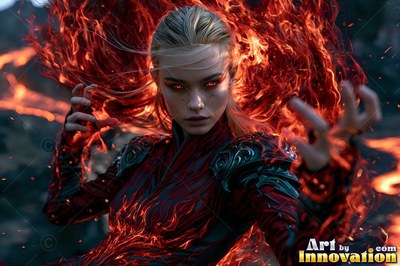 A blonde woman casts red flames with her hands outdoors