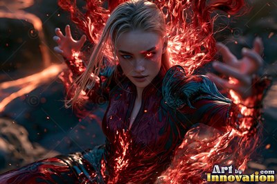 Blonde hair falls across the face of a woman in red armor as red fire rises around her in the dark