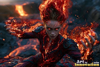 A woman conjures fire from her hands, lit by bright red flames leaping from her hair
