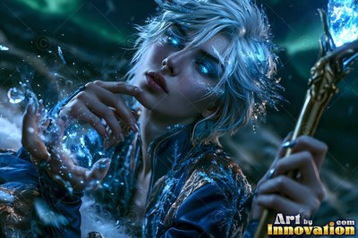 Leaning back in the cold dark, a woman holds blue ice and a staff