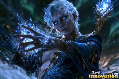 A woman in blue robes casts bright ice sparks from her bare hands into the dark