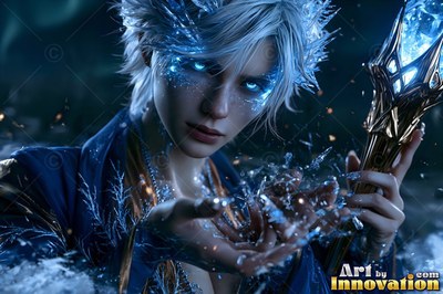 In the dark, a short-haired woman shoots ice from her hands beside a staff