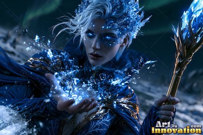 Conjuring shards of blue ice, a woman holds a crystal staff in a dark landscape