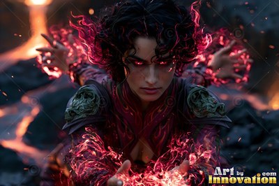 Woman conjuring red flames with four arms near dark lava