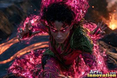Bright pink flames ring the hair of a woman creeping forward across dark volcanic rocks