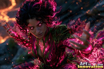 A woman unleashes magic forward, lit by bright magenta flames covering her hands
