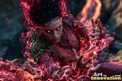 Leaning forward on dark rock, a woman casts bright red fire from both hands