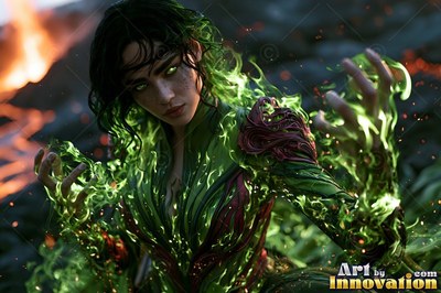 A dark-haired woman unleashes green fire from her hands outdoors