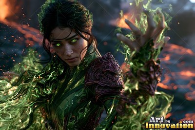 On dark volcanic rock, a woman casts green fire from her raised hand