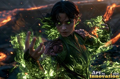 Summoning green flames from her hands, a dark-haired woman stands by orange lava