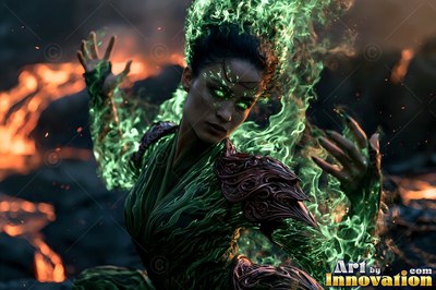 Woman in armor casting green fire near lava flows