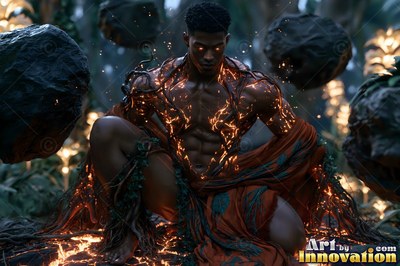 Orange cracks covering her chest, a woman crouches in a dim forest with floating rocks