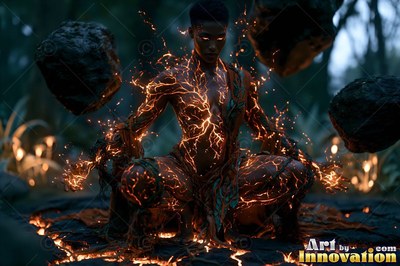 A crouched woman lifts floating boulders with bright orange cracks running across her dark skin