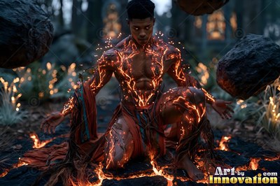 A kneeling woman with fiery orange cracks across her skin lifts floating rocks