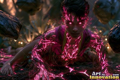 In a dark forest, a woman crawls forward with bright pink lightning on her skin