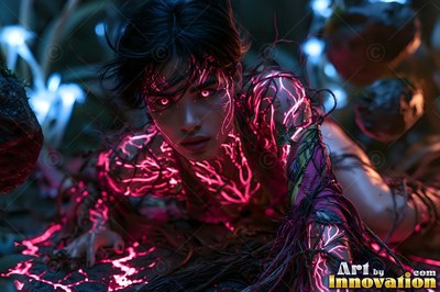 Crawling on the ground, a woman has bright pink energy running across her skin and eyes