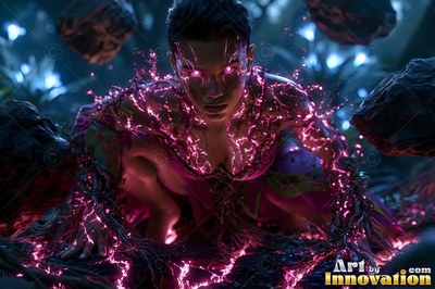 Pink energy lines crawl over the skin of a crouched woman in a dark forest with floating rocks