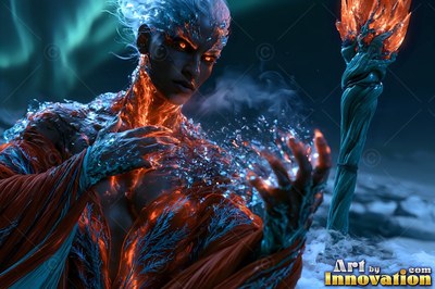 A woman unleashes sparks from her hand, her skin lit by orange fire and cool blue ice