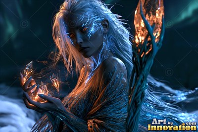 A pale woman with icy blue hair holds a warm orange crystal staff in the dark night