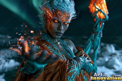 On a dark frozen plain, a woman holds a burning staff and casts bright ice magic