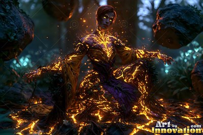 Crouching in the woods, a woman with fiery skin lifts floating stones around her