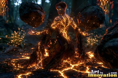A woman with fiery veins levitates dark boulders in a forest