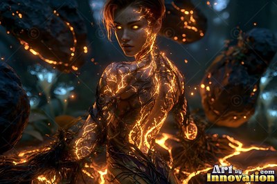 Bright orange cracks covering her back, a woman turns in a dark forest with floating rocks