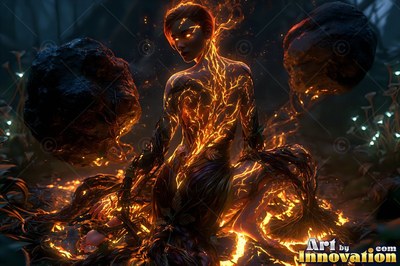 A woman lifts floating boulders with branches of bright orange fire across her chest