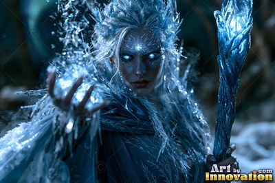 Facing forward in a dark forest, a woman holds a staff of blue ice