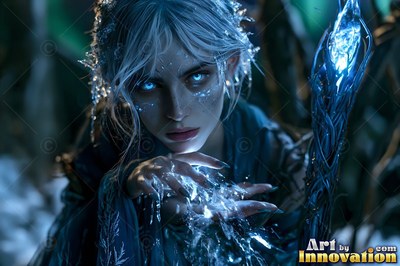A woman with bright blue eyes holds freezing ice in her hand by a staff
