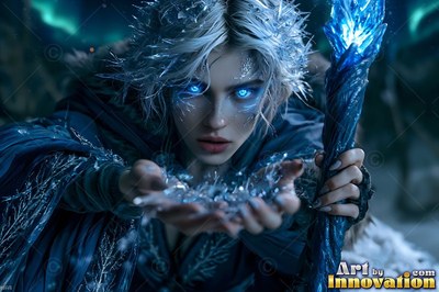 Under northern lights, a blue-eyed woman holds frozen ice shards in her palms