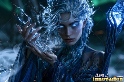 Channeling blue ice in her hands, a woman with bright eyes stares forward in the dark