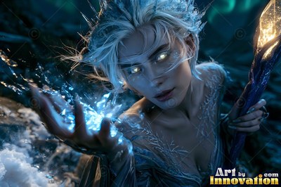 Woman with white hair holding blue ice in her hand