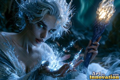 Frosted white hair crowns a woman conjuring sharp ice shards in dark woods