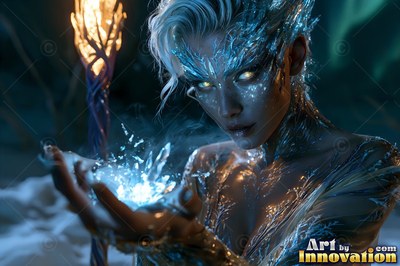A frosty woman casts shards of ice from her hands, lit by blue sparks