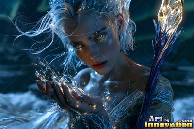 Leaning forward in dark water, a woman cupping bright ice crystals