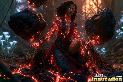 A woman covered in fiery red cracks kneels in a forest beside floating rocks