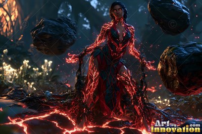 In a dark forest, a woman covered in red veins lifts large rocks from the ground