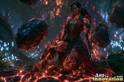 Kneeling on cracked lava, a woman commands floating dark rocks in a forest