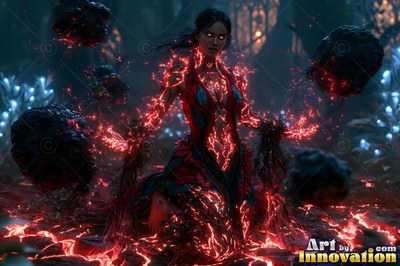 Woman kneeling with floating black rocks and red light across her skin