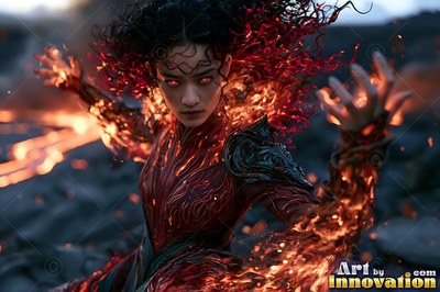 Curly fiery hair crowns a woman casting flames across dark volcanic rock