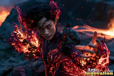 A woman reaches forward as flames crawl up her arms, lit by deep red fire
