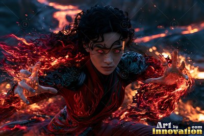 A dark-haired woman reaches forward with fiery hands over a field of lava