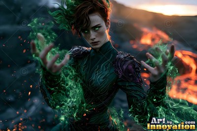 On a dark volcanic field, a woman shoots green flames from her hands