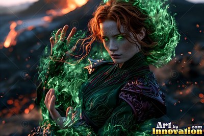 Summoning green fire, a red-haired woman stands before a dark volcanic slope