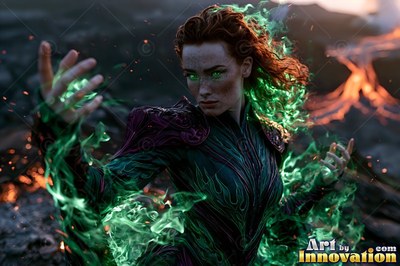 Woman with green fire around her hands and shoulders